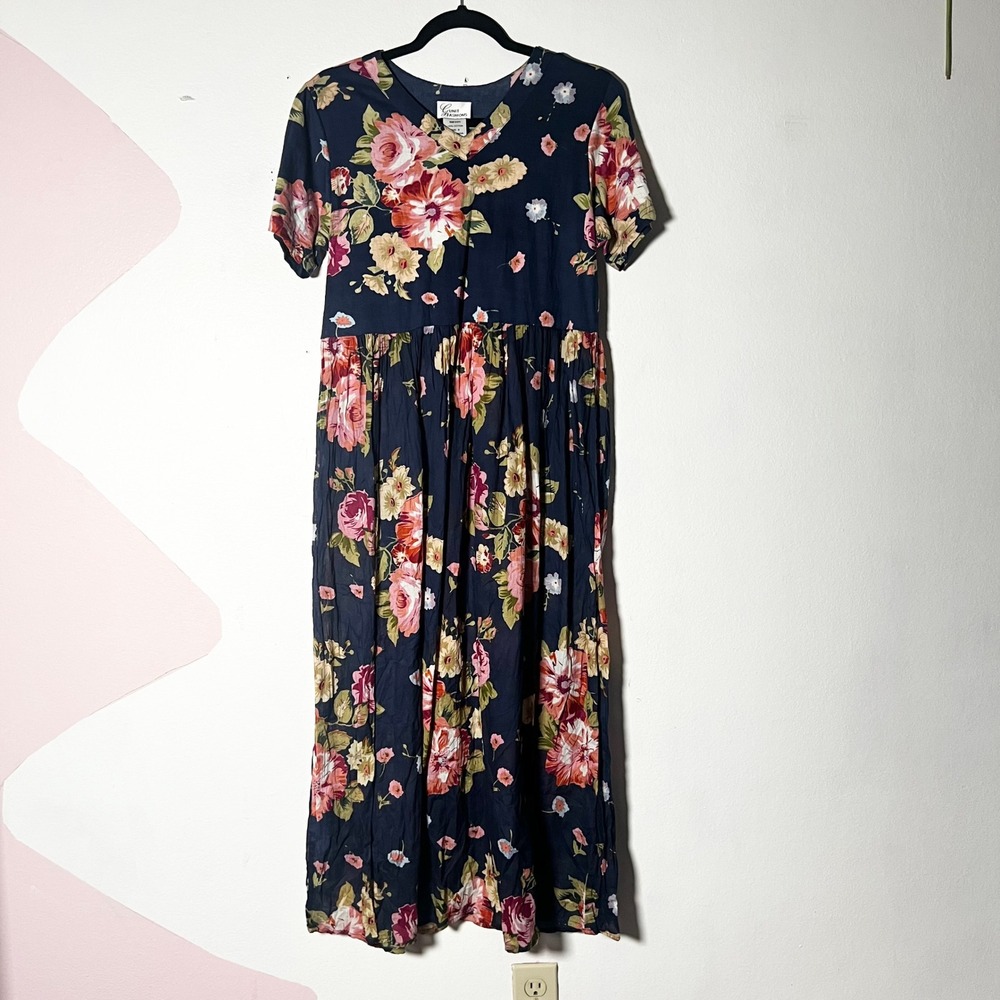Vintage Midi Dress Women's Small Navy Blue Floral 100% Cotton Cottagecore
